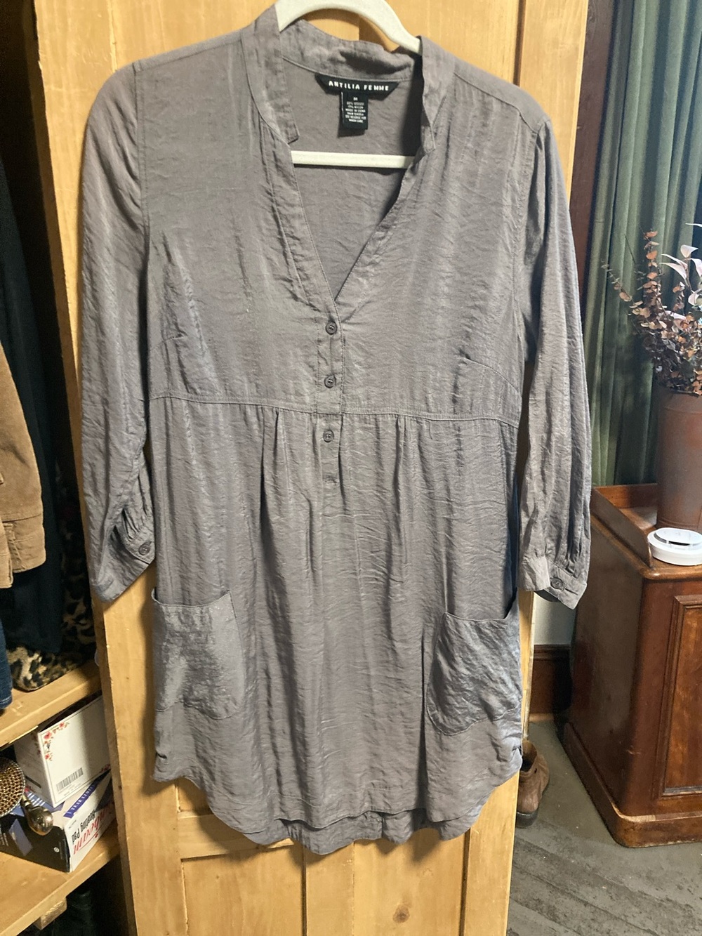 Antilia Femme Gray V-Neck Tunic with Front Patch Pockets